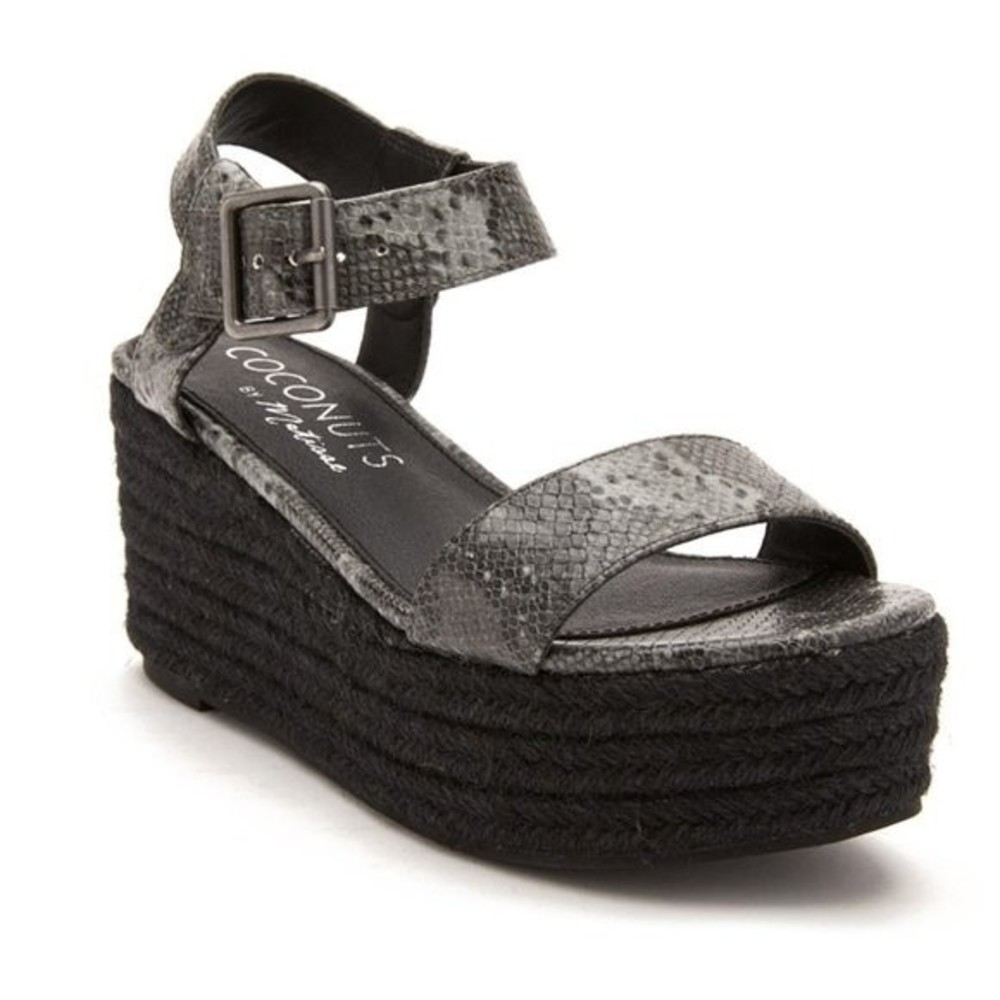 Coconuts By Matisse‎ 8 Black Gray Snakeskin Platform Wedges Espadrilles Sandals